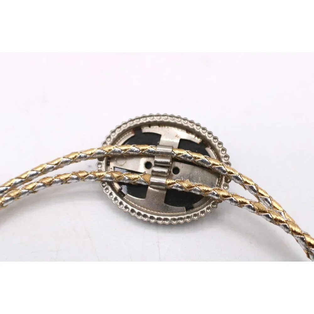Black Jewel Acrylic Bolo Tie Silver & Gold Braided Cord Oval Faceted Western Vtg